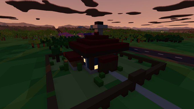 A blocky, low-poly 3D rendering of a small house with a dark roof sits in a vast voxel landscape under a dramatic dusky sky with stylized clouds, capturing the GTA vibe recreated in a Minecraft-like world. The scene's retro, pixelated aesthetic directly supports the post's claim about building GTA-inspired visuals within a Sol-world environment.