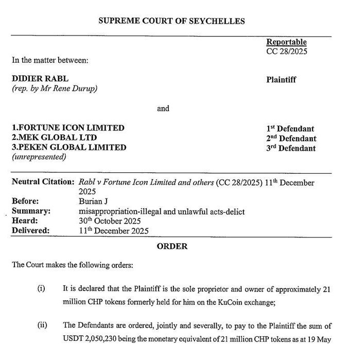 The image shows a page of a court document titled "Supreme Court of Seychelles", which is related to cryptocurrency cases. The document appears to be discussing monetary damages, orders, or judgments that might have been awarded as part of a settlement. In the background, there's text indicating that the case involved exchanges between the defendant and an individual, possibly due to the failure to properly treat these tokens as abandoned. Additionally, two investors are referred to in the document - one has been ordered to pay $2M, while another has received a notice of what seems to be a judgment against them.