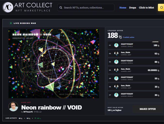 A screenshot of an NFT marketplace website titled 'ART COLLECT' showing a live bidding war for the generative 3D art piece 'Neon rainbow // VOID' by NFTran76, with a leading offer of 188.