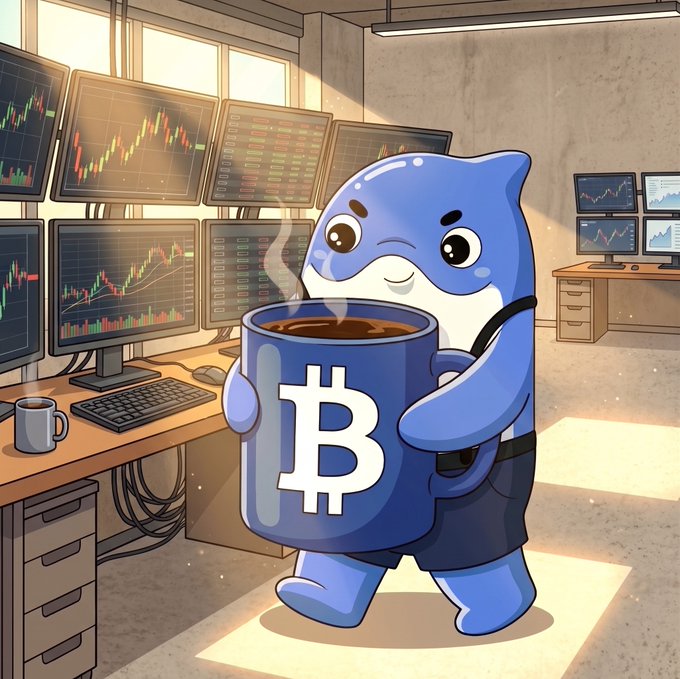 A cartoon illustration of a blue shark-like character holding a large coffee mug with the Bitcoin 'B' logo, standing in a room filled with trading charts on multiple monitors.