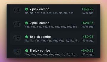 This image shows winning bets from @Polymarket for 7, 9, 10, and 11 pick combos, with profits ranging from +$0.08 to +$40.56, supporting the claim of successful predictions.