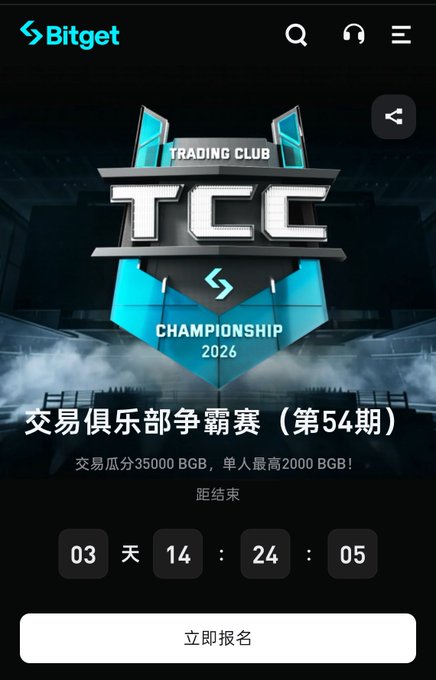 A Bitget Trading Club Championship (TCC) 2026 promotional screen for Round 54, offering 35,000 BGB in prize pool split and a max 2,000 BGB per person, with a countdown timer of 03 days, 14 hours, 24 minutes, 05 seconds.