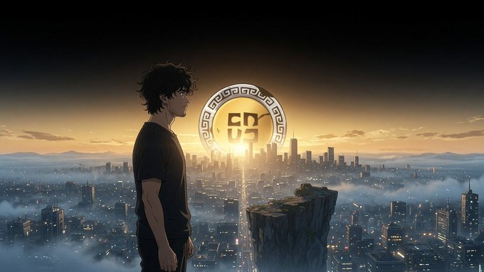 An anime-style character with dark hair standing on a cliff overlooking a cityscape at sunset, with a circular emblem displaying 'CD' in the sky.