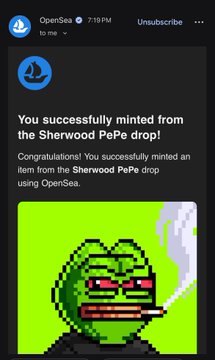 An OpenSea mobile notification reading 'You successfully minted from the Sherwood PePe drop!' alongside a pixel-art Pepe character smoking a cigar against a green background.