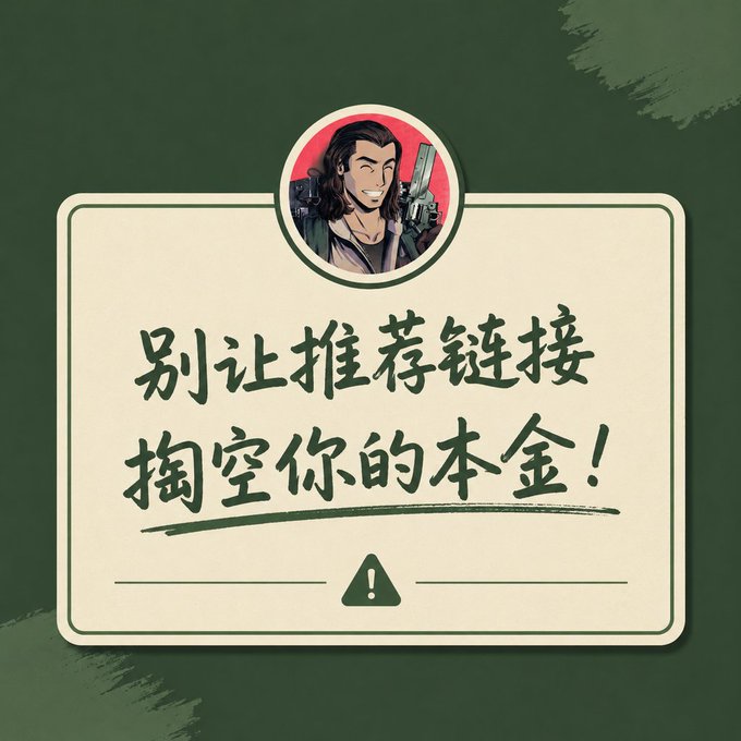 A green graphic features a cartoon character holding a gun in a circular portrait above Chinese text reading "别让推荐链接掏空你的本金!" (Don't let referral links drain your capital!) with a warning triangle below.