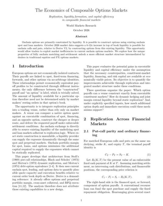 The first page of an academic paper titled 'The Economics of Composable Options Markets' by World Markets Research, dated October 2026, discussing replication, liquidity formation, and capital efficiency.