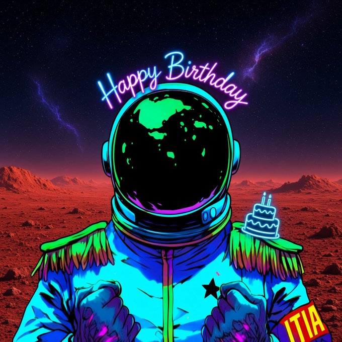 A vibrant neon-style illustration shows an astronaut in a spacesuit on a red Martian-like landscape with 'Happy Birthday' written in glowing pink text above and a birthday cake icon.