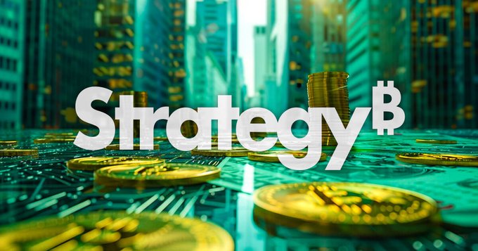 The word 'Strategy' with a Bitcoin 'B' symbol is overlaid on a circuit board patterned surface scattered with gold coins and a cityscape background.