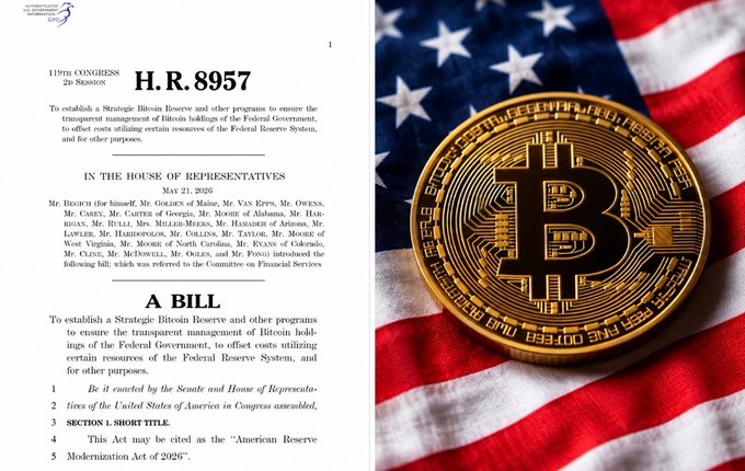 H.R. 8957, the "American Reserve Act of 2026," is shown alongside a Bitcoin token resting on an American flag, illustrating the bill aimed at establishing a Strategic Bitcoin Reserve to offset Federal Reserve costs.