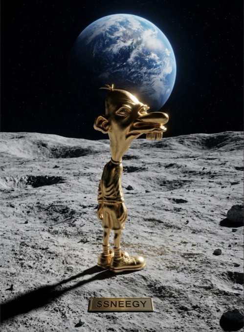 A golden statue of a cartoon duck character on the moon, with Earth in the background and the name '$SNEEGY' on a plaque.