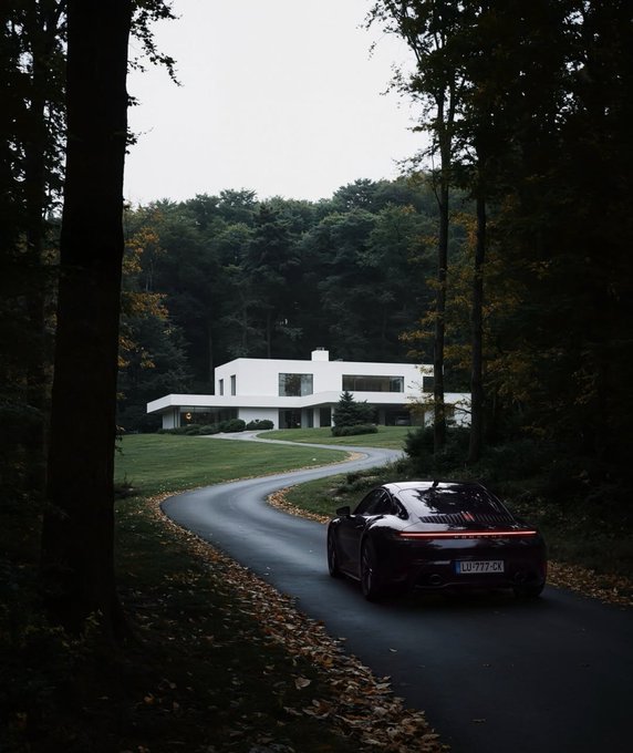 Dark, moody photograph of a black Porsche 911 driving down a curved driveway toward a modern white house nestled in a forest.