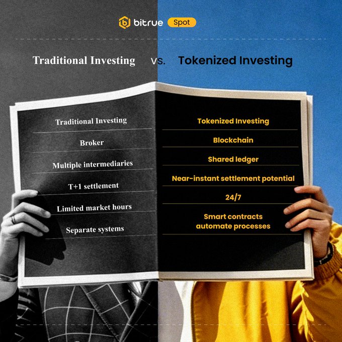 A side-by-side comparison from Bitrue titled "Traditional Investing vs. Tokenized Investing," highlighting how tokenized investing uses blockchain, shared ledger, near-instant settlement, 24/7 availability, and smart contracts to automate processes—contrasting with traditional methods relying on brokers, multiple intermediaries, T+1 settlement, limited market hours, and separate systems. The image visually reinforces the post's message by showing how tokenization streamlines the inefficiencies of traditional investing.
