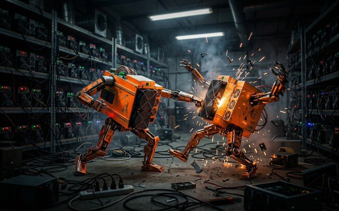 Two orange humanoid robots clash violently in a dimly lit server room, with sparks flying and debris scattering as one robot appears to be damaged mid-strike. The image visually evokes the breakdown of a mining operation—paralleling the news of the cancelled contract and disputed refunds between the river exchange and the spun-out Bitcoin mining unit.