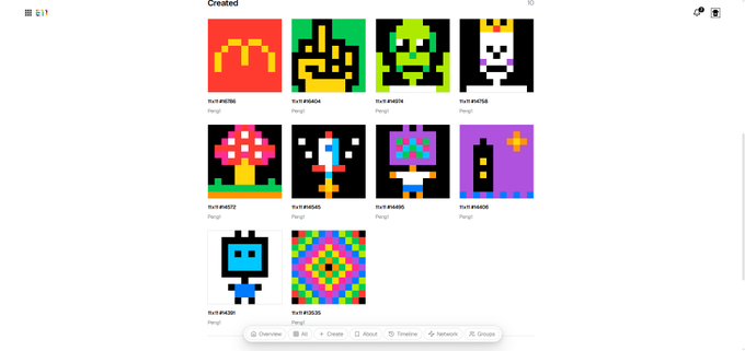 The image shows a gallery of 10 created pixel art pieces labeled "fivit:#40786" through "fivit:#38335," including characters like Mario, Yoshi, Princess Peach, mushrooms, swords, and abstract designs. The caption "ok I gotta stop" humorously reflects the creator's realization that they've made too many pixel art pieces in one sitting.