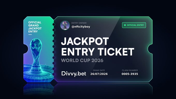 A digital 'Jackpot Entry Ticket' for World Cup 2026 hosted on Divvy.bet, owned by @nftcityboy, marked as 'Official Grand Jackpot Entry' with a draw date of 26/07/2026 and claim number 0005-3935.