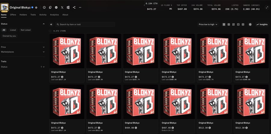 The image shows a Blur NFT marketplace listing for the "Original Blokyz" collection, displaying 6,372 items with a floor price of 0.194 ETH ($473.27) and 24h volume of $374.6K, supporting the post's claim about the floor price hitting the predicted 0.15-0.2 ETH range.