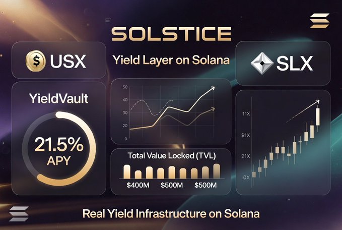 The image shows a screenshot of an information panel or dashboard that displays various data related toSolstice, a cryptocurrency, and Solana, its mining project. The panel offers insights such as the yield layer of the Solana blockchain being utilized for mining projects, with an upward trend in the yield layer over time, and the real yield infrastructure on Solana. The image also includes text suggesting that the coin may be hyped up due to some sort of project implementation or launch by theSolsticeF initialists, who have been creating a new type of vaults called "Sol6C" for mining projects using the Solana blockchain.