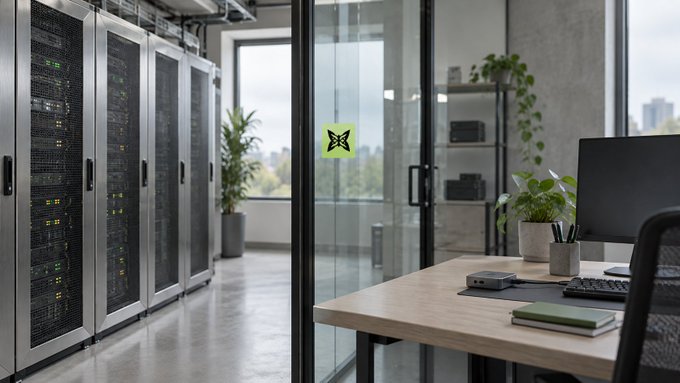 A modern server room/data center with rows of server racks on the left and a workspace with a desk, monitor, and plants on the right, featuring a small green square logo with an 'X' design on the glass door.