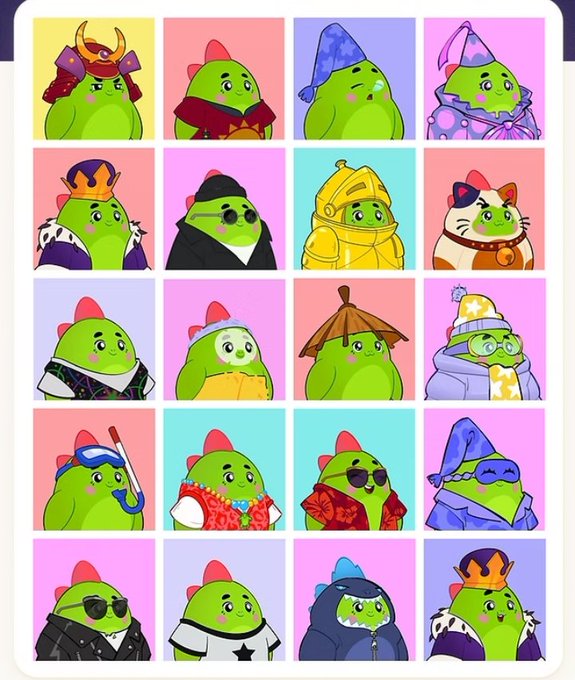 A grid of 20 cute, round green slime-like character portraits with various hats, outfits, and accessories displayed in colorful squares represents the diverse NFT collection of Sleepagotchi. The whimsical artwork illustrates the brand's playful approach to digital collectibles, aligning with the post's emphasis on building engaging utility rather than launching generic NFT artwork.