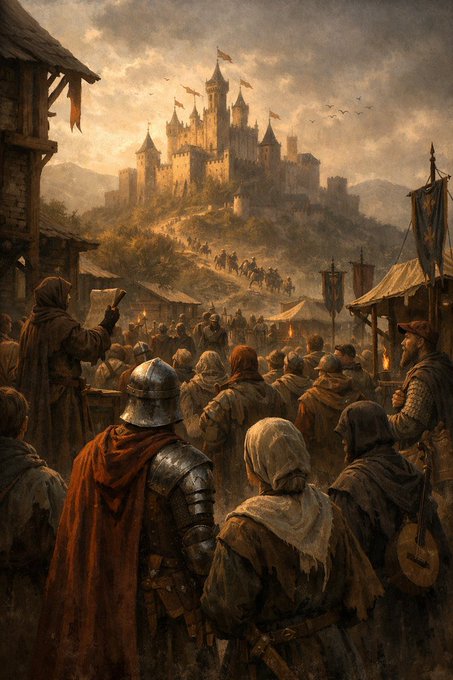 Epic fantasy painting of a medieval crowd of soldiers and townspeople gathered below a grand castle flying banners on a hill at sunset.