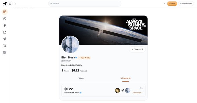 A screenshot of a tip/donation webpage showing a profile for Elon Musk (@elonmusk) with a Starlink/space banner, displaying 1 token received ($6.22) and a send-to tip form.