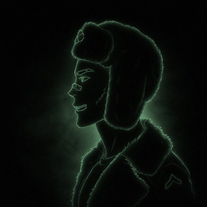A dark silhouette profile illustration of a person wearing glasses and a furry winter hat with ear flaps, outlined in a glowing green light against a black background.