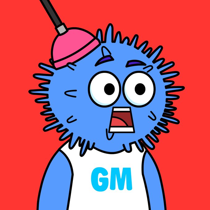 A cartoon illustration of a blue fuzzy monster wearing a pink construction hard hat and a white tank top labeled 'GM' against a red background.