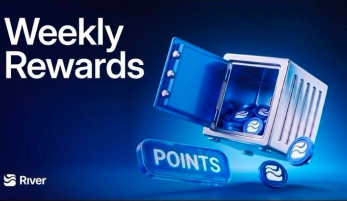 A promotional graphic for River's 'Weekly Rewards' program featuring a blue 3D illustration of an open treasure chest filled with tokens and a 'POINTS' label.