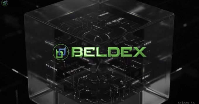 A promotional graphic for BELDEX featuring a glowing green logo inside a transparent cube with circuit board patterns.