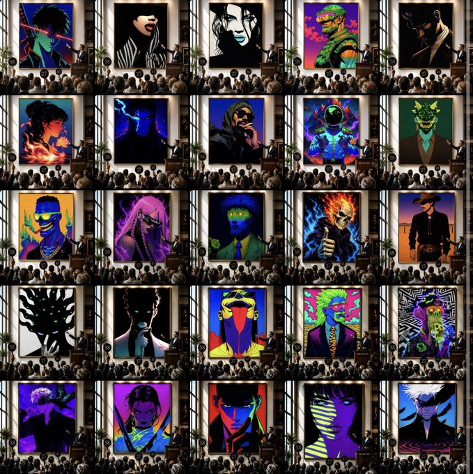 A grid of 25 vibrant, stylized digital art portraits displayed to a crowd of attendees, representing a curated collection of NFT artworks. The scene illustrates the post's vision of artists creating, collectors collecting, and communities supporting their people in the NFT space.