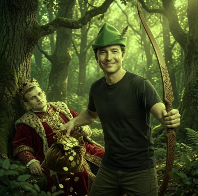 A man dressed as Robin Hood with a bow and a bag of gold coins stands next to a crowned king (representing a wealthy Layer 2 blockchain), illustrating the post's metaphor of "Robinhood Chain" stealing liquidity from rich L2s to redistribute it to smaller users, with Vitalik Buterin symbolizing the wealthy "king."