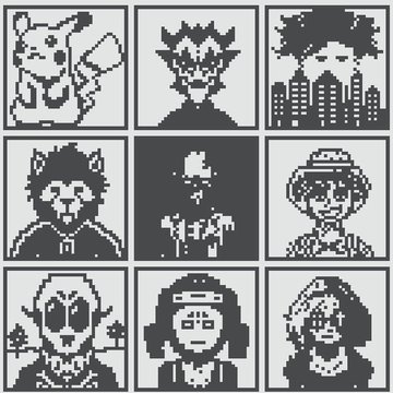 A 3x3 grid of pixel art characters in black and white, featuring figures like Pikachu, a boy with spiky hair, a person in front of a cityscape, a cat-like figure, and other anime-style characters.