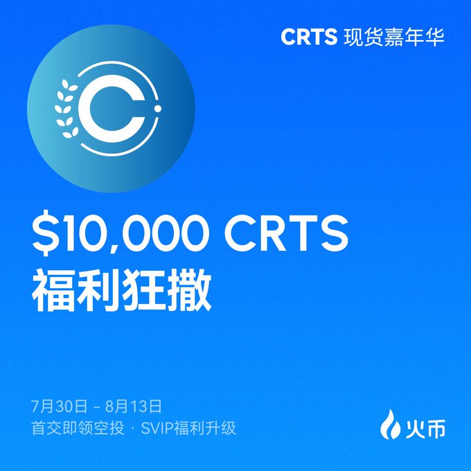 A promotional banner for CRTS spot trading carnival featuring a $10,000 CRTS giveaway (福利狂撒) from July 30 to August 13, offering first-trade airdrops and SVIP benefits on the Huobi (火币) platform. The blue design showcases the CRTS logo with wheat stalks alongside the Chinese text highlighting the prize pool and bonus rewards detailed in the accompanying post.
