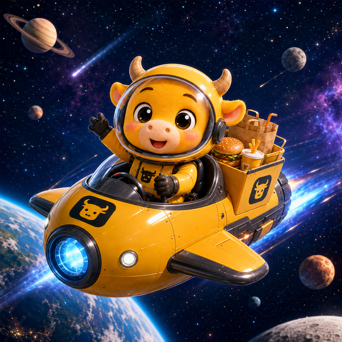 A cartoon yellow cow character wearing a space helmet waves while piloting a yellow spaceship through outer space, with food items including burgers in the cargo bay.
