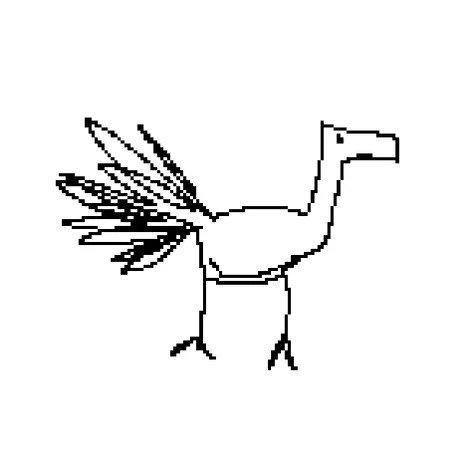 A simple black-and-white sketch of a bird-like creature with a long neck, feathered wings, and thin legs.