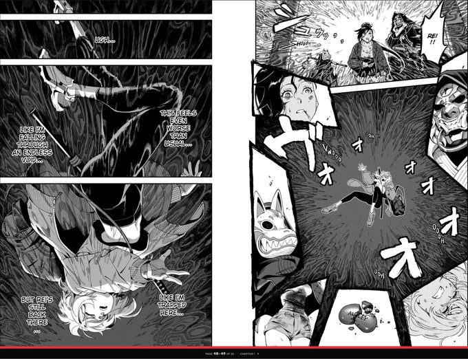 A black-and-white manga page showing dramatic action panels with characters reacting in shock, accompanied by fragmented text including "HE'S TALKING THROUGH AN ENDLESS VOID..." and "REI!!" alongside the Japanese onomatopoeia "オオ" (groaning/roaring). The intense, dark imagery of characters falling through void-like spaces with emotional reactions visually mirrors the melancholic, enveloping atmosphere of Depeche Mode's "Enjoy the Silence (Harmonium)" referenced in the post.