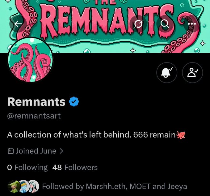 Twitter profile for "Remnants" (@remnantsart) showing 48 followers, joined in June, with 666 remaining from a collection described as "A collection of what's left behind," featuring pink octopus tentacle artwork. The profile details align with the post's claims about the early-stage NFT project, supporting the narrative of it being a potential early opportunity.