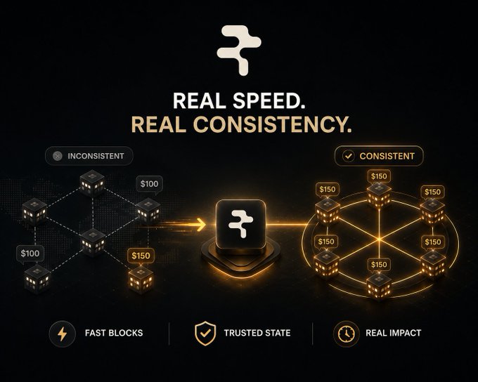 A promotional graphic with the text 'REAL SPEED. REAL CONSISTENCY.' contrasting 'INCONSISTENT' (showing $100/$150 blocks) with 'CONSISTENT' (showing $150 blocks), highlighting features 'FAST BLOCKS', 'TRUSTED STATE', and 'REAL IMPACT'.