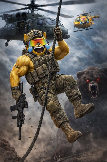 The image features a man dressed as a soldier, wearing camouflage clothing and holding a gun while climbing up a rope ladder. A bear is also present in the scene, standing nearby with its eyes wide open. The background of the image shows an aerial view of a helicopter flying above the scene. The caption "LETS MOG" suggests that this could be part of a military-themed video game or movie.