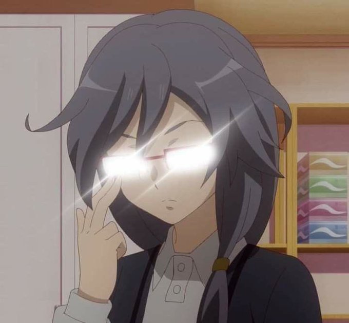 The image features an anime character with long hair wearing glasses, giving her a unique appearance. She has a serious expression as she points at something or someone out of frame. The background includes a bookshelf filled with various items such as books and a vase. There is also a caption that reads "Seems we got a 2x on the algo Is the algo on your side today?". This suggests that there might be an error in the image, possibly related to the character's position or the surrounding objects.