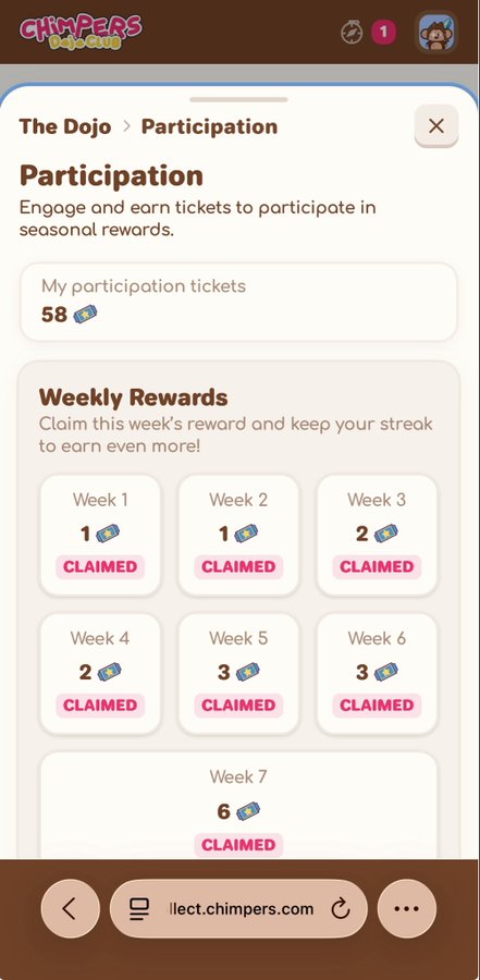 Chimpers Dojo participation screen showing 58 tickets and weekly rewards (Weeks 1-7) all marked as CLAIMED, ranging from 1 to 6 tickets.