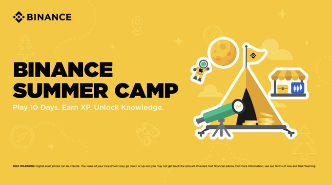 A yellow promotional banner for "BINANCE SUMMER CAMP" features the tagline "Play 10 Days. Earn XP. Unlock Knowledge." alongside illustrations of a telescope, moon, and rocket.