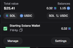 A crypto wallet dashboard displays a total value of $25.41, split between 0.32 SOL and 1.15 USDC, with the "Starting Solana Wallet" address ending in "FW4p" shown below. The screenshot illustrates the user's starting point on their goal to grow $25 into $40 for $KET bags.