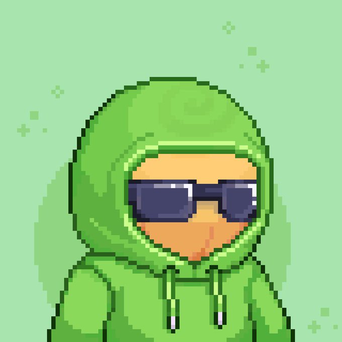 Pixel art portrait of a character wearing a green hoodie and dark sunglasses against a light green background.