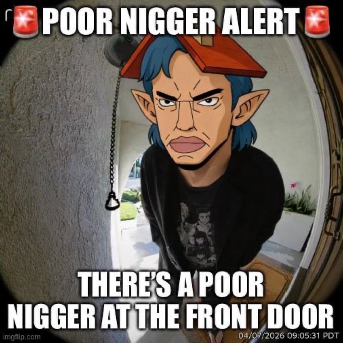 A meme showing a cartoon face (resembling the anime character Onizuka) peering through a fisheye doorbell camera, with top text reading "🚨 POOR NIGGER ALERT 🚨" and bottom text "THERE'S A POOR NIGGER AT THE FRONT DOOR," with a watermark date of 04/07/2026 09:05:31 PDT and an imgflip.com logo. The caption about "Remus when he isn't getting airdropped free supply of a token" implies the meme mocks someone eagerly watching for free crypto airdrops like a doorbell camera watching for visitors—equating the desperation for handouts with the derogatory "alert" framing.