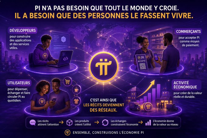 A purple-themed Pi Network infographic in French with the headline 'PI N'A PAS BESOIN QUE TOUT LE MONDE Y CROIE. IL A BESOIN QUE LES PERSONNES LE FASSENT VIVRE,' showing roles for Développeurs, Commerçants, Utilisateurs, and Activité Économique.