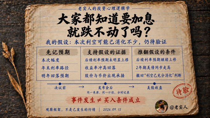 A vintage-style parchment graphic with Chinese text analyzing investment psychology, titled '大家都知道要加息,就跌不动了吗?' (Everyone knows about the rate hike, so why won't it fall?), dated 2026.09.15 by @老实人.