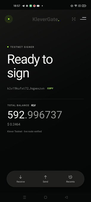 A dark-mode mobile wallet app called 'KleverGate' shows a 'TESTNET SIGNER' screen with a 'Ready to sign' prompt, displaying a total balance of 592.996737 KLV ($0.2464) and a 'live node verified' status, along with Receive, Send, and Recents buttons.