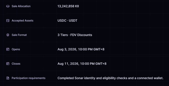 The image outlines the specifics of the KiiChainio public sale, showing a 13,242,858 KII allocation, acceptance of USDC and USDT, a 3-tier format with FDV discounts, and a sale window from August 3 to August 11, 2026.