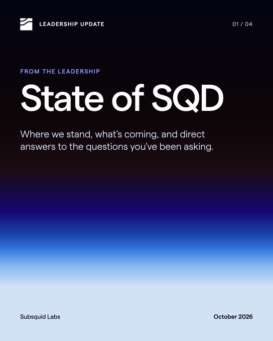 Dark-themed digital document cover titled 'State of SQD' with the subtitle 'From the Leadership', described as 'Where we stand, what's coming, and direct answers to the questions you've been asking.' Dated October 2026 from Subsquid Labs.